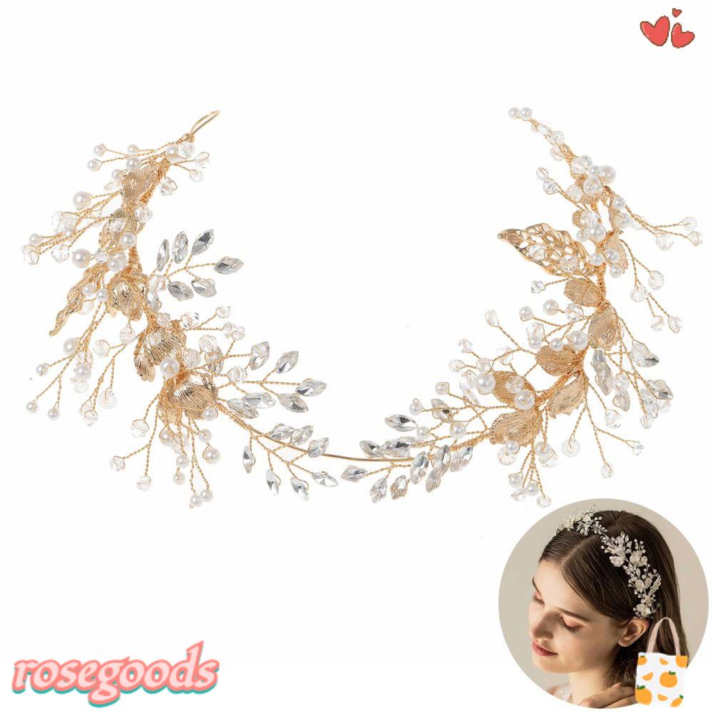 Băng Đô Cài Tóc Đính Đá Pha Lê Hình Lá Cây Bằng Hợp Kim Màu Vàng Dành Cho Cô Dâu