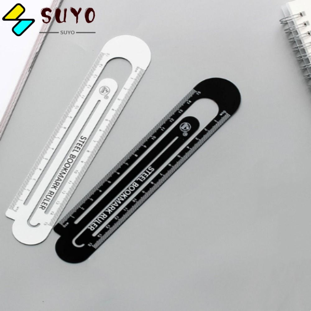 SUYO Set 2 Thước Đánh Dấu Trang Sách Bằng Kim Loại Màu Trắng Đen 15Cm Đa Năng