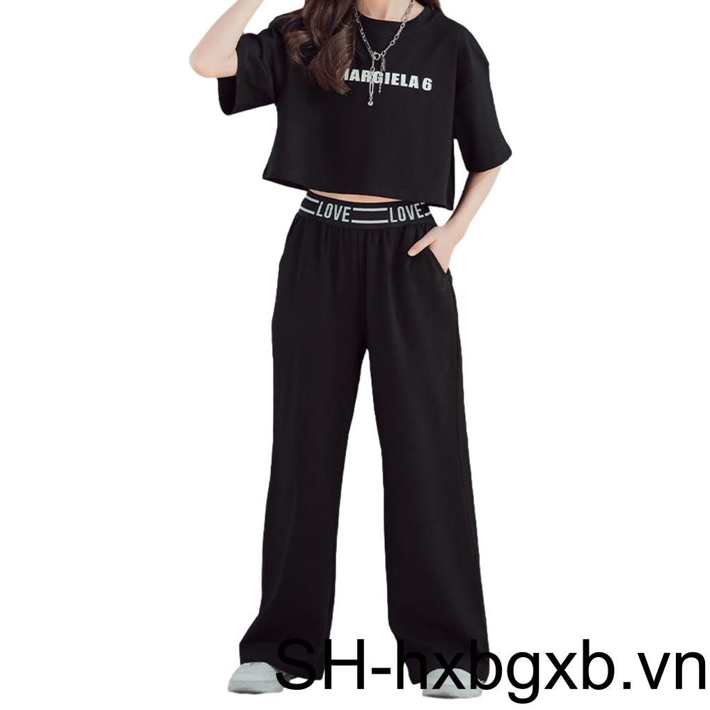 Bộ Áo Thun Cotton + Quần Dài Ống Rộng Thiết Kế Đơn Giản Thời Trang Dự Tiệc Cho Bé Gái