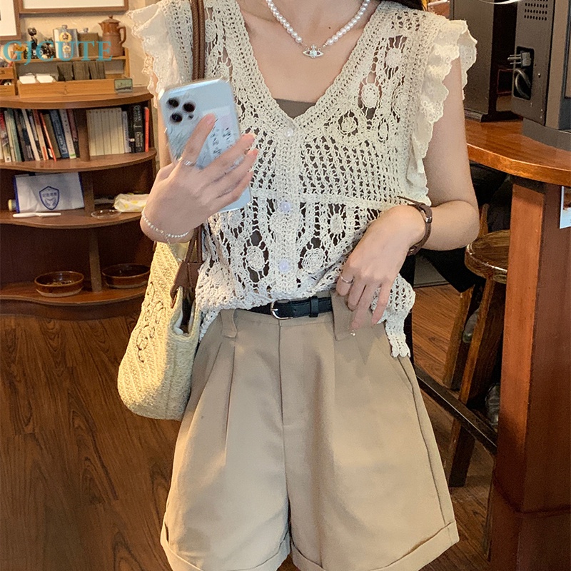 Áo Dệt Kim Không Tay Cổ Chữ V Màu Trơn Thời Trang Mùa Hè Vintage Dành Cho Nữ