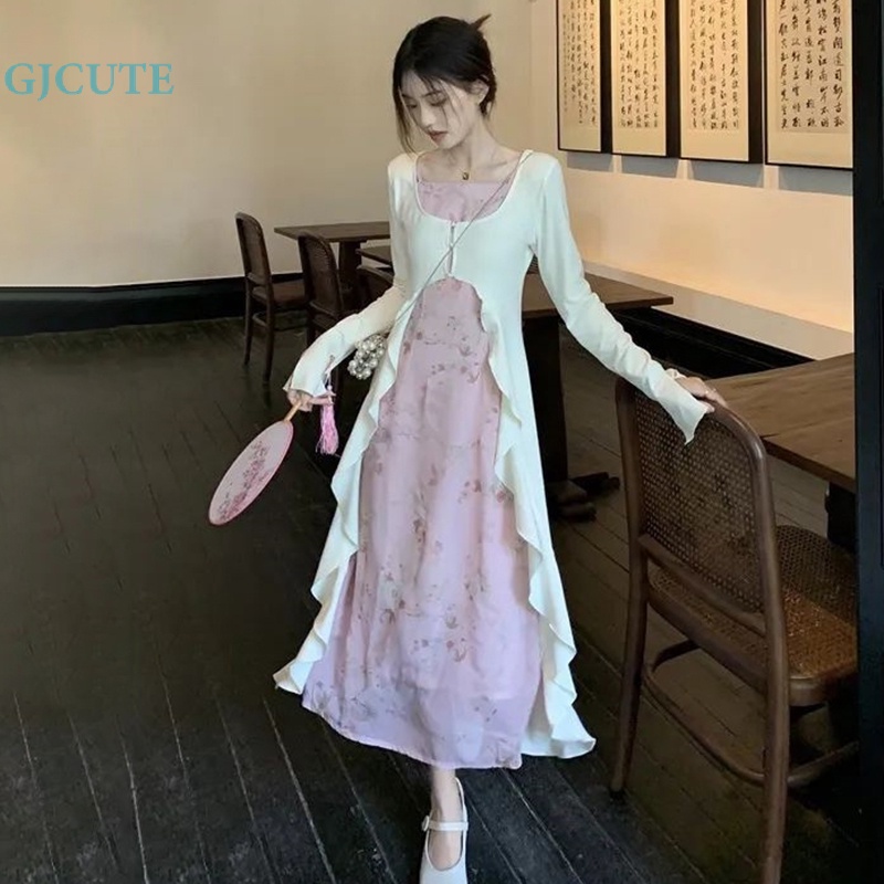Set Đầm Hai Dây Dáng Dài Và Áo Khoác Cardigan Họa Tiết Hoa Thời Trang Mùa Hè Dễ Thương Cho Nữ
