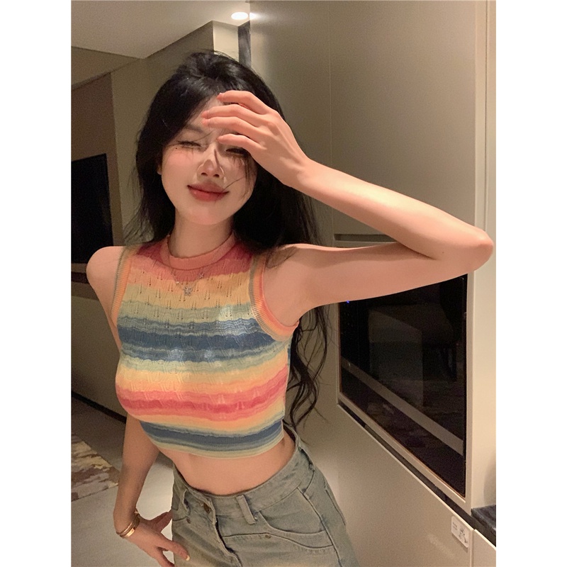 Áo Croptop Dệt Kim Màu Sắc Gradient Gợi Cảm Cho Nữ