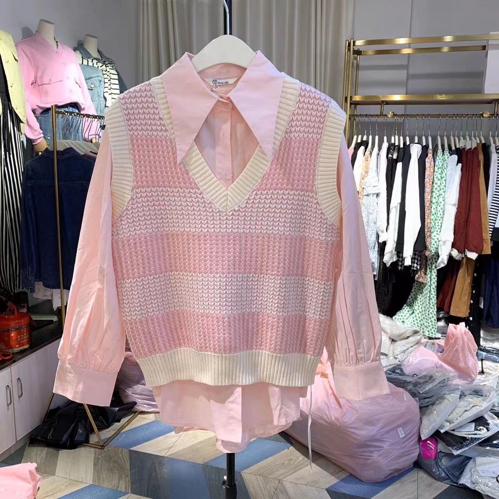 Áo Dệt Kim Sát Nách Kẻ Sọc Màu Sắc Phong Cách Nhật Bản Cho Nữ