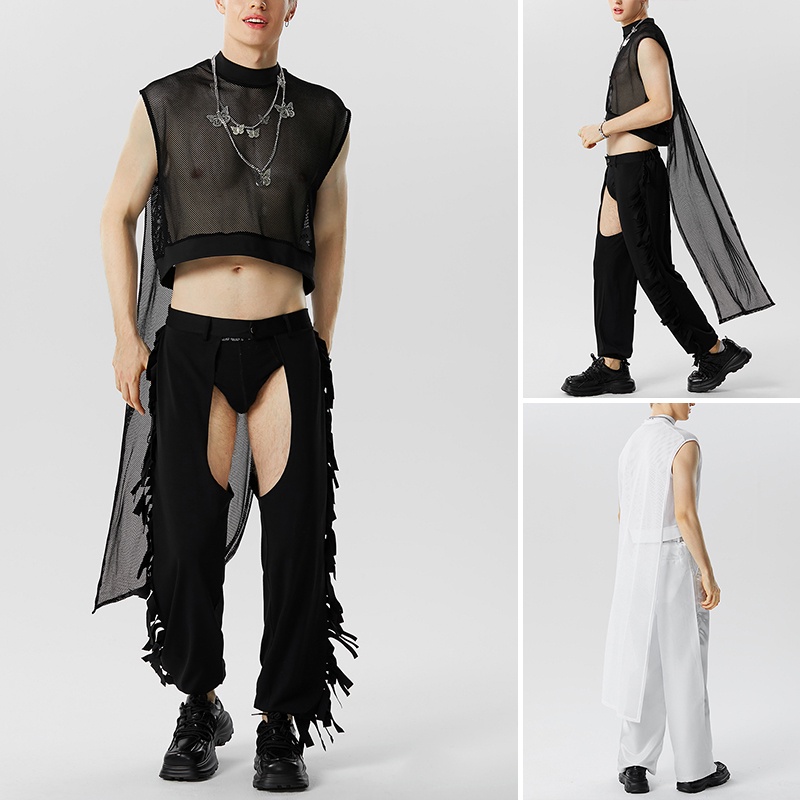 INCERUN Áo Ba Lỗ Cổ Cao Phối Lưới Thời Trang Cho Nam