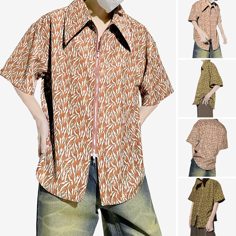 INCERUN Áo Sơ Mi Ngắn Tay Phối Khóa Kéo Thời Trang Dành Cho Nam