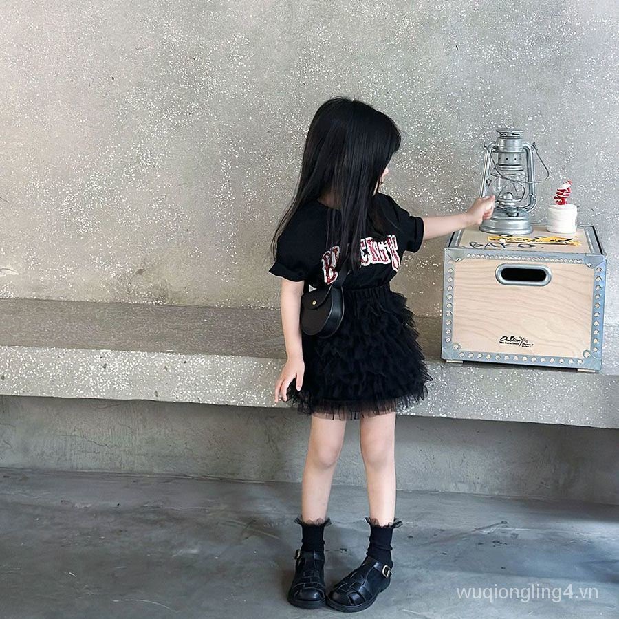 Bộ Áo Thun Đen In Chữ 23 Phối Chân Váy Lưới Eo Cao Thời Trang Mùa Hè Cho Bé Gái