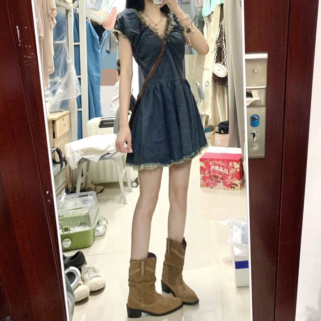 Đầm Denim Cổ Chữ V Dáng Rộng Phong Cách Hàn Quốc Thời Trang Mùa Hè Mới Cho Nữ