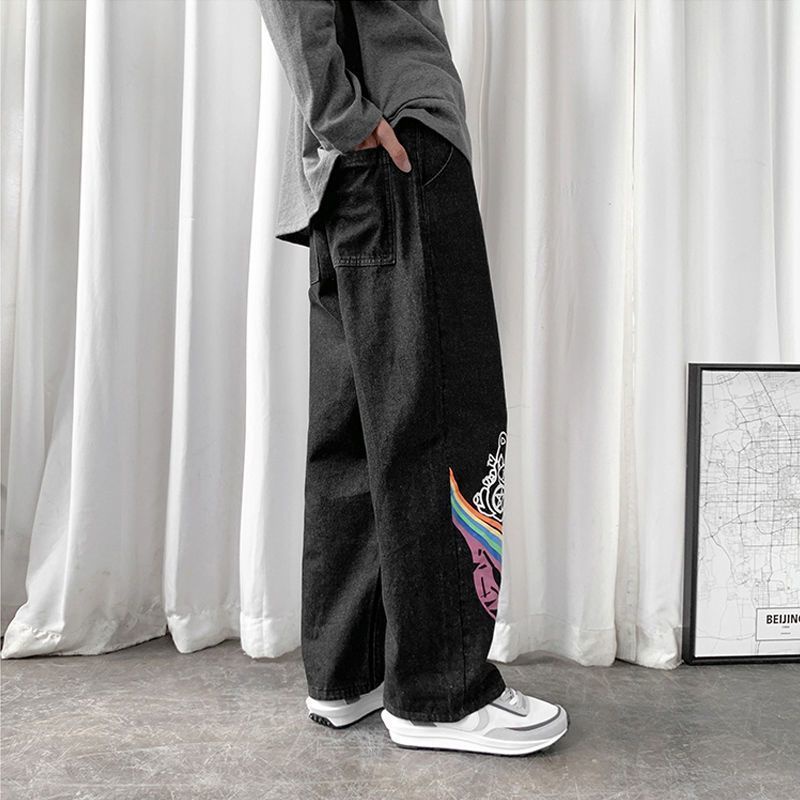 Quần Jean Ống Rộng Dáng Suông Họa Tiết Graffiti Cá Tính Thời Trang Phong Cách Hồng Kông Cho Nam