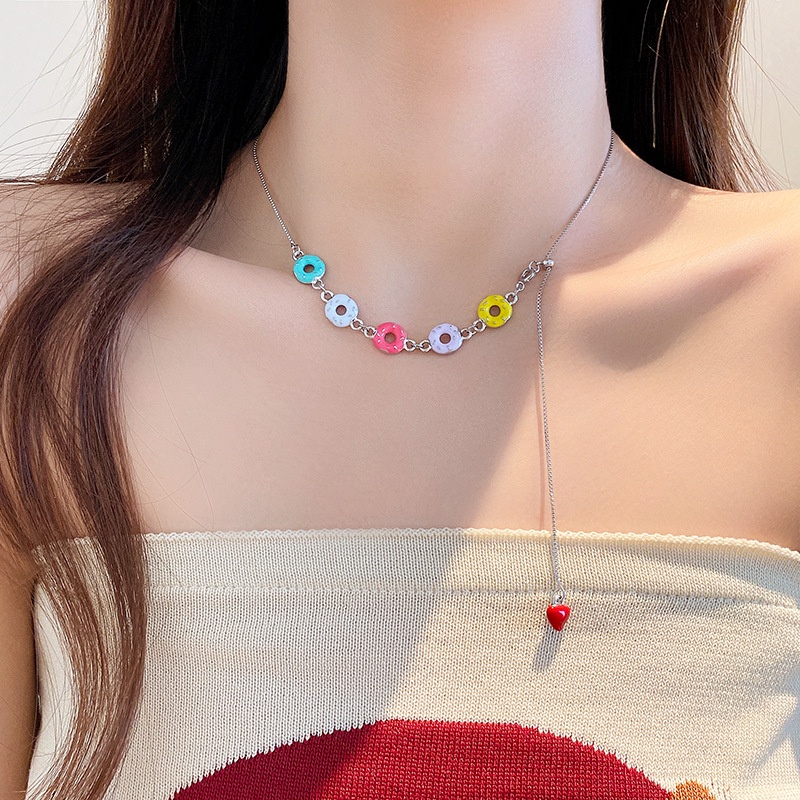 Vòng Cổ Tua Rua Hình Bánh donut Trái Tim Nhiều Màu Sắc Ngọt Ngào Dễ Thương Có Thể Điều Chỉnh Cho Nữ