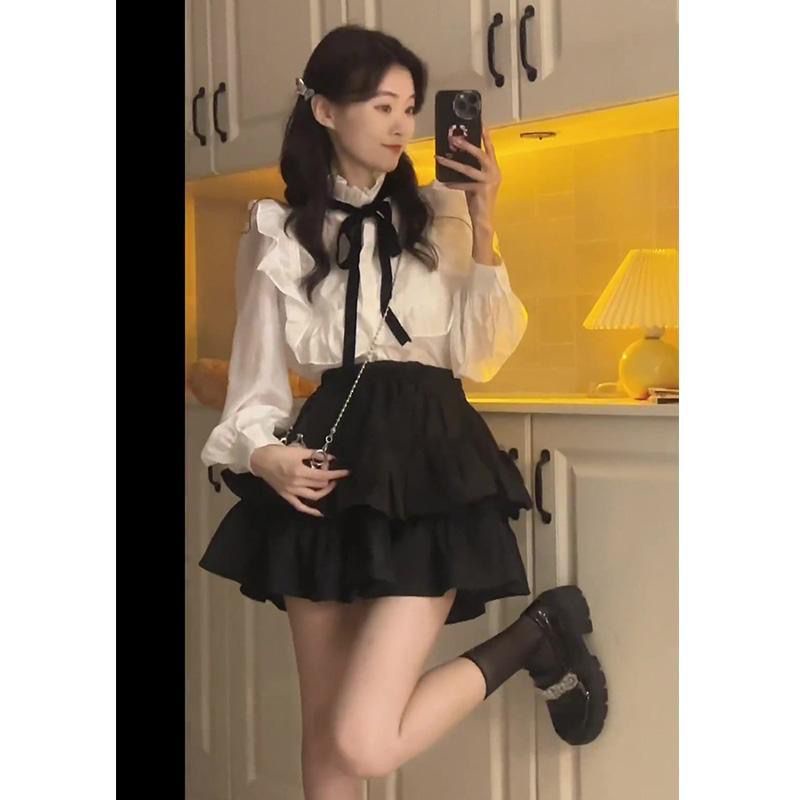 Set Áo Sơ Mi Thắt Nơ Phối Chân Váy Thời Trang Mới Cho Nữ