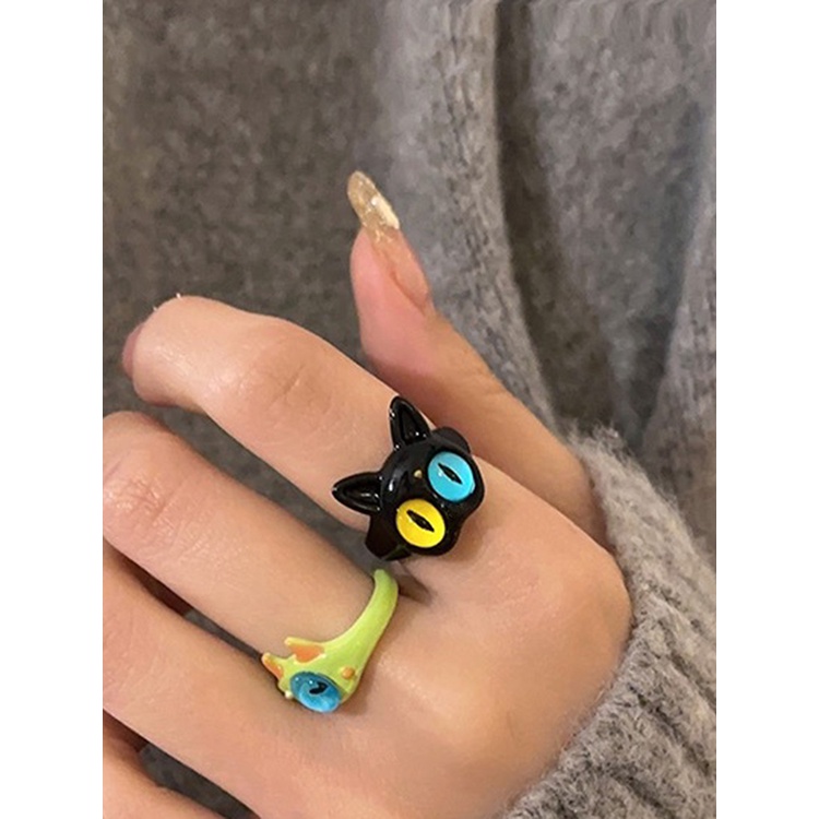 Margot3 Nhẫn Cưới Mở Hai Màu Mắt Mèo Xanh Lá Cây Dễ Thương Thời Trang Ngọt Ngào Dành Cho Cặp Đôi