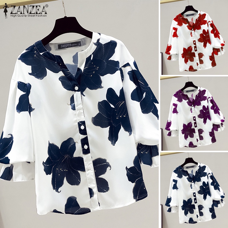 Zanzea Áo Kiểu Nữ Cổ V Tay Xếp Nếp In Hoa Thời Trang Hàn Quốc