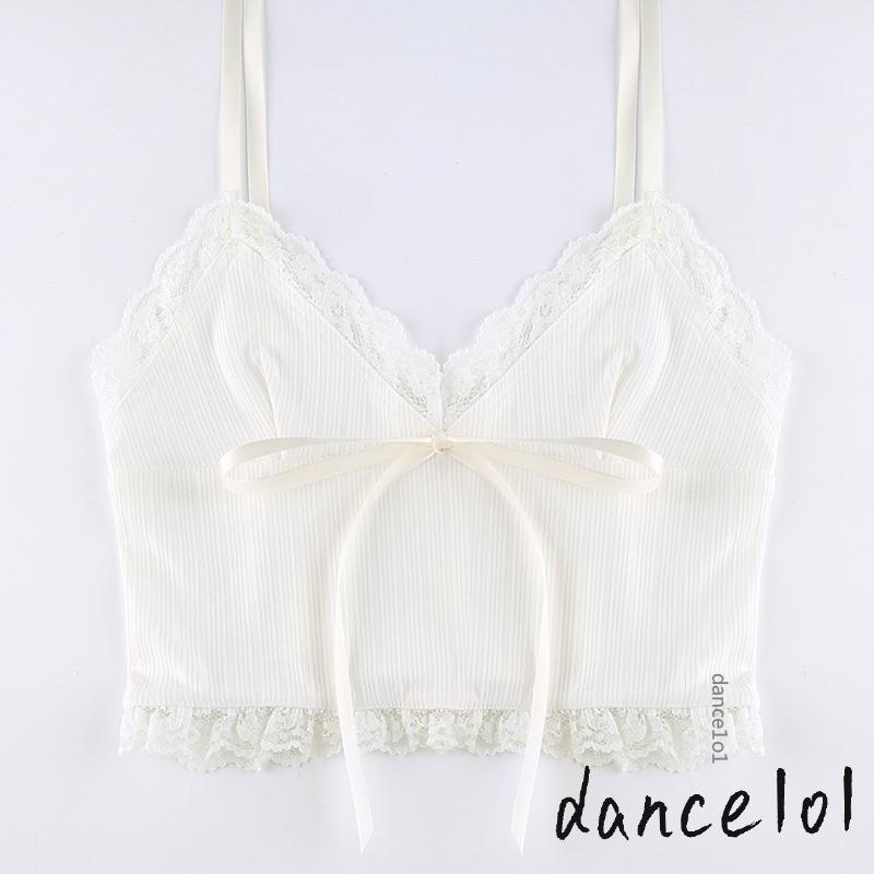 Áo Croptop Ren 1O1-Sexy Hai Dây Cổ Chữ V Khoét Sâu Không Tay Thắt Nơ Thời Trang Xuân Hè Cho Nữ