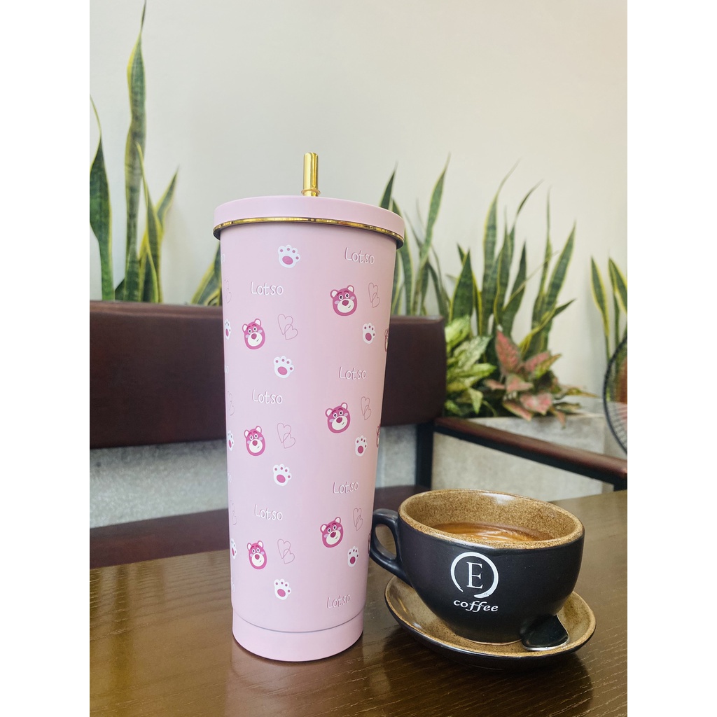Ly giữ nhiệt gấu dâu LOSTO, bình nước giữ nhiệt có ống dung tích 750ml chất liệu inox 304 chống gỉ Cốc giữ nhiệt