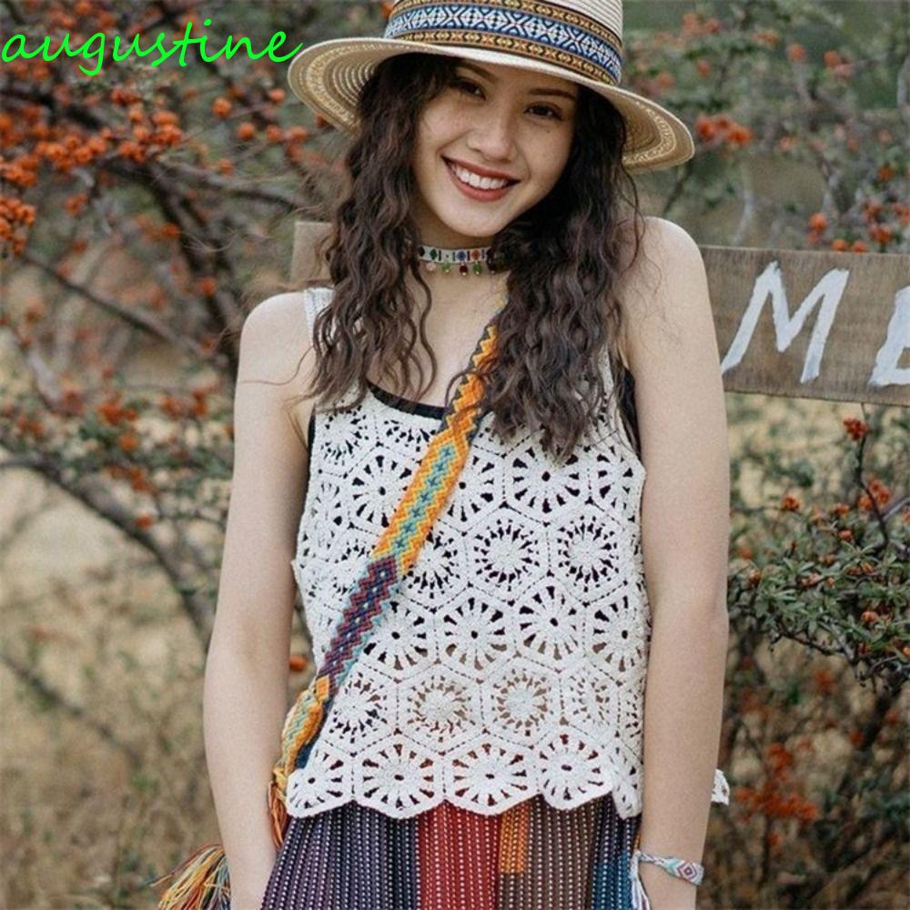 AUGUSTINE Áo Dệt Kim Cotton Không Tay Dáng Ôm Thêu Họa Tiết Xinh Xắn Thời Trang Cho Nữ