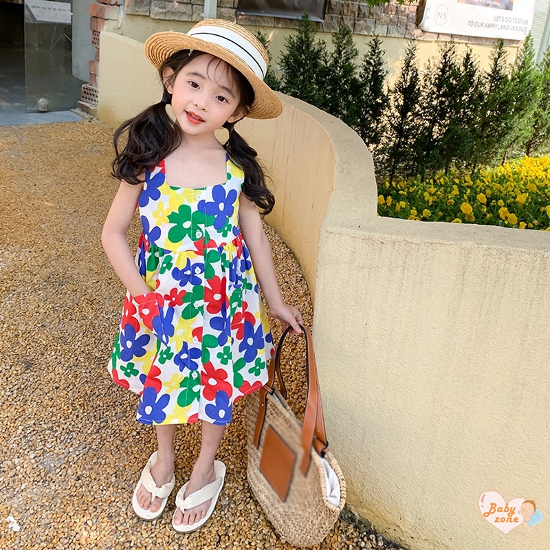 Đầm Không Tay Cổ Vuông Họa Tiết Hoa Thời Trang Mùa Hè Hàn Quốc Cho Bé Gái 3-8 Tuổi