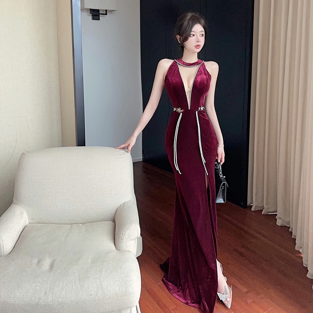 Đầm Nhung Xẻ Tà Cao Hở Lưng Phong Cách Âu Mỹ Kiểu Mới