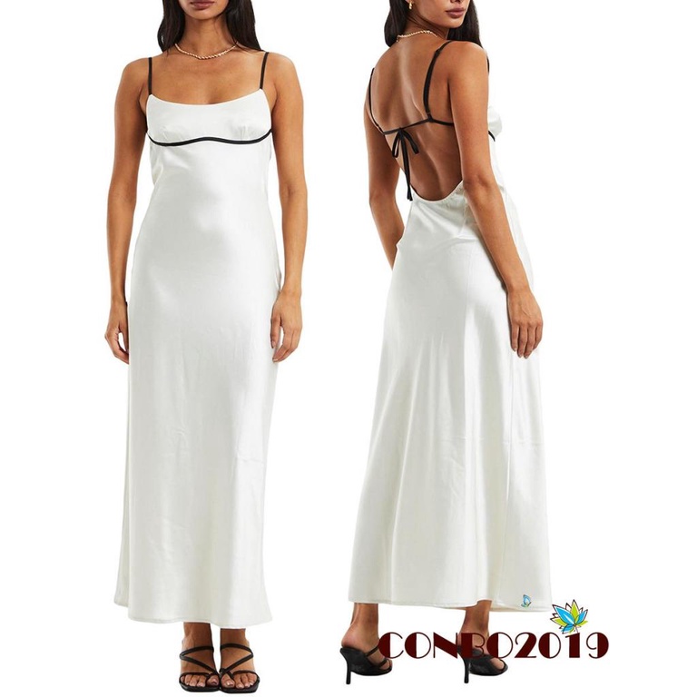 Đầm Dài Hai Dây Hở Lưng Bằng Vải Satin Màu Sắc Tương Phản Dành Cho Bạn Nữ Mặc Khi Đi Dự Tiệc