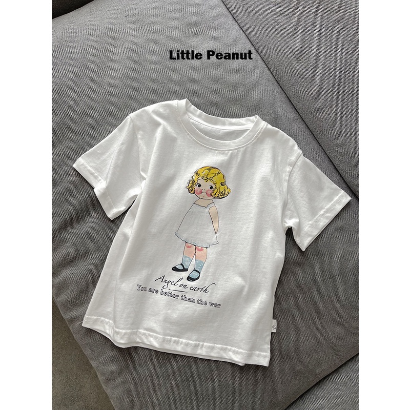 Áo Thun Cotton Nguyên Chất Tay Cộc In Họa Tiết Dễ Thương Thoải Mái Phong Cách Nhật Hàn Cho Bé Gái