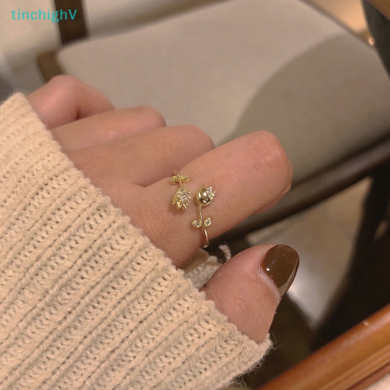 Nhẫn Hở Mạ Vàng Hình Hoa Tulip Đính Đá Zircon Dễ Thương Cho Nữ