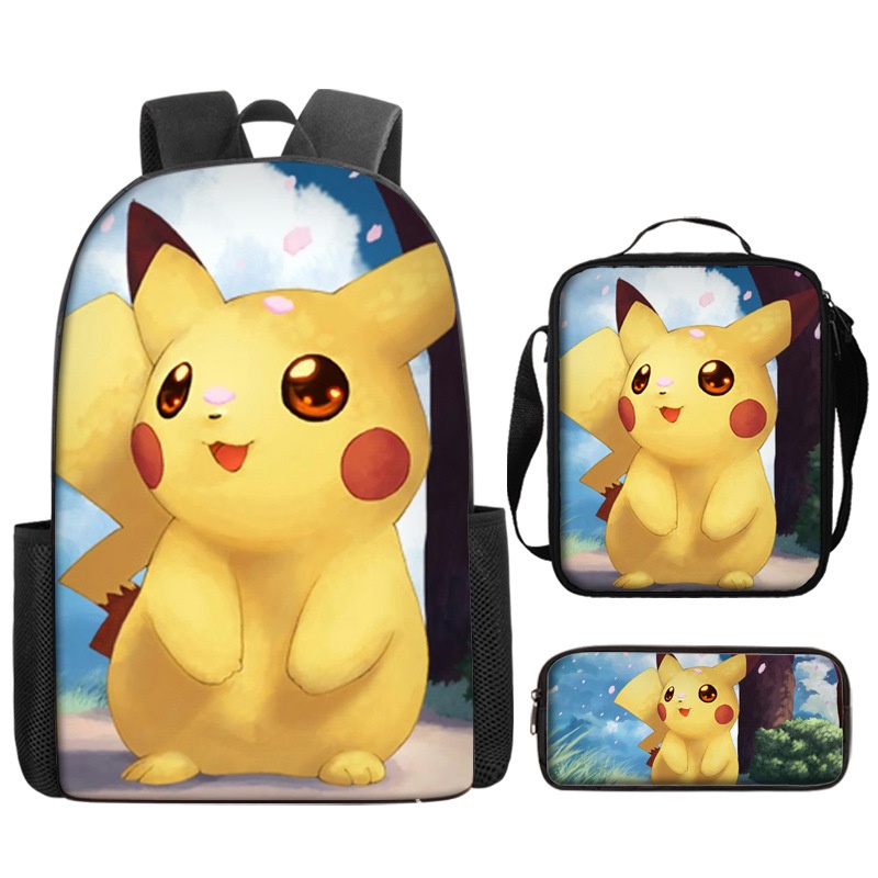 Set 3 Balo Đi Học Đựng Laptop Họa Tiết Hoạt Hình Pokemon 3D
