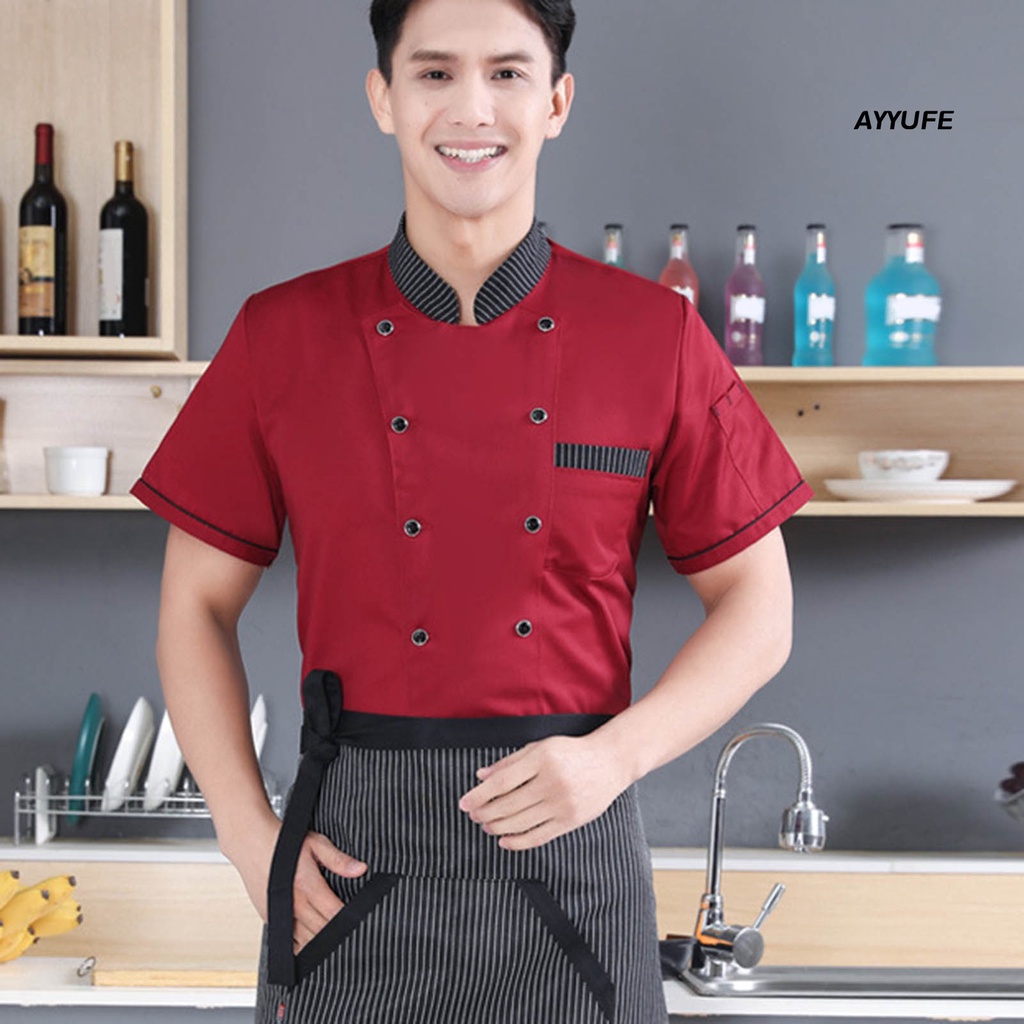 [Ayyuee] Áo Đồng Phục Đầu Bếp Ngắn Tay Cổ Đứng Hai Lớp Phối Màu Thoáng Khí Cho Nam Và Nữ