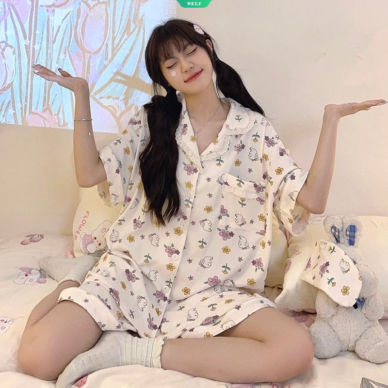 Bộ đồ ngủ nữ ren 2023 mùa hè mới quần đùi ngắn tay giản dị ngọt ngào phong cách công chúa thích hợp bộ đồ mặc nhà