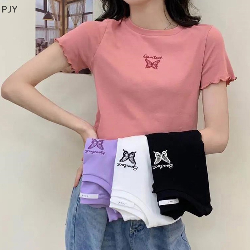 Áo Thun Crop Top Tay Ngắn Cổ Tròn Thêu Hình Bướm Thời Trang Mùa Hè Cho Nữ PJ