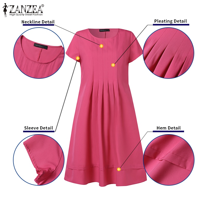 Đầm Ngắn Tay Cổ Tròn Xếp Ly Thời Trang Cho Nữ ZANZEA