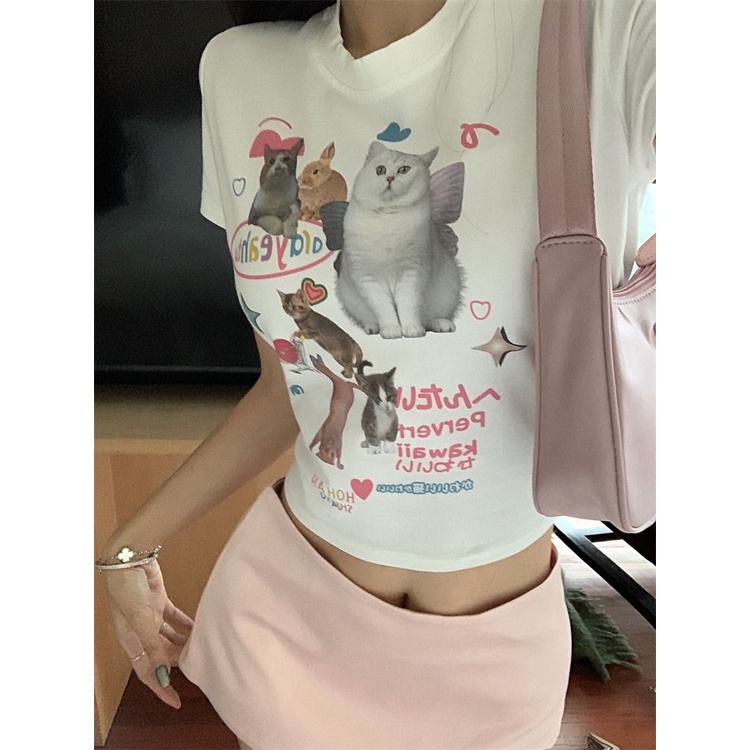 Y2K Áo Baby Tee Thun Croptop Nữ  Tay Ngắn Dáng Ôm In Hình Mèo Dễ Thương Thời Trang Mùa Hè Cho Bạn Gái