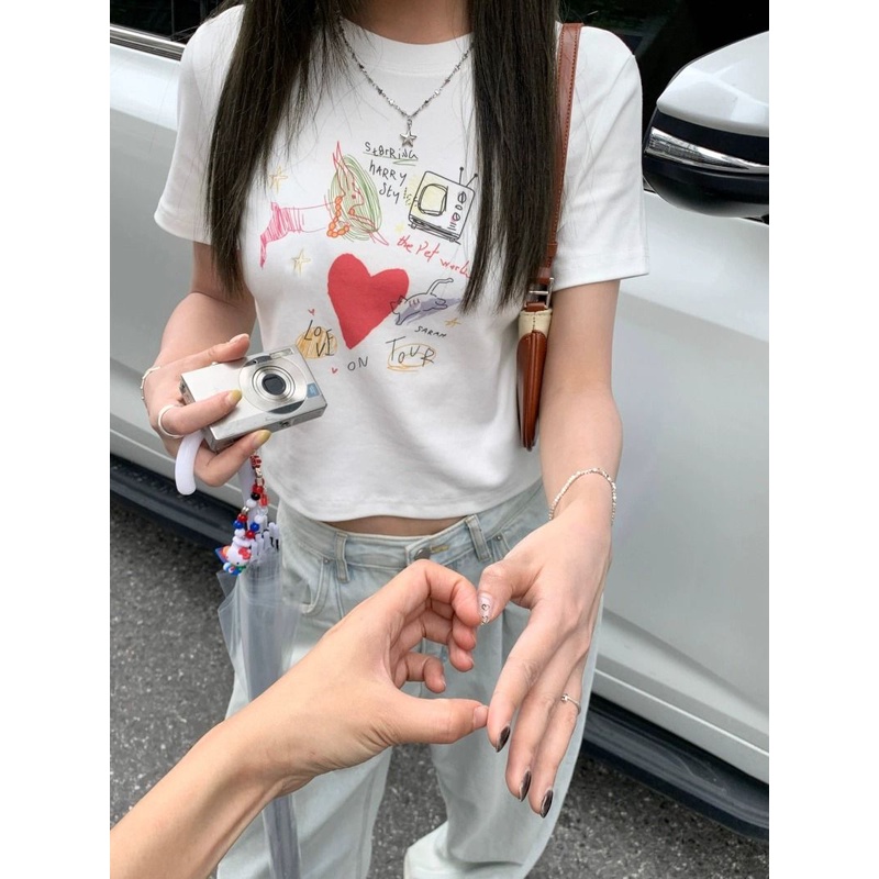 Áo Baby Tee Thun Croptop Nữ Ngắn Tay In Họa Tiết Graffiti Phong Cách Mới Cho Nữ