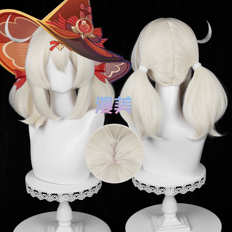 Genshin Impact Klee New Skin Cosplay Wig 42cm Long Cream White Hair Heat Resistant Synthetic Wigs with Ears