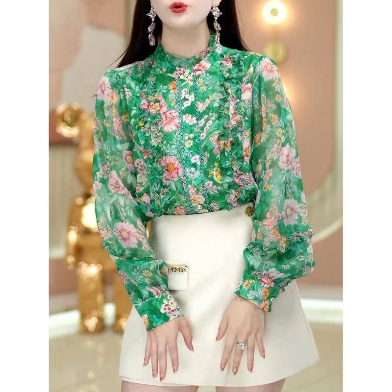 Áo Sơ Mi Chiffon Tay Dài Họa Tiết Hoa Phong Cách Retro