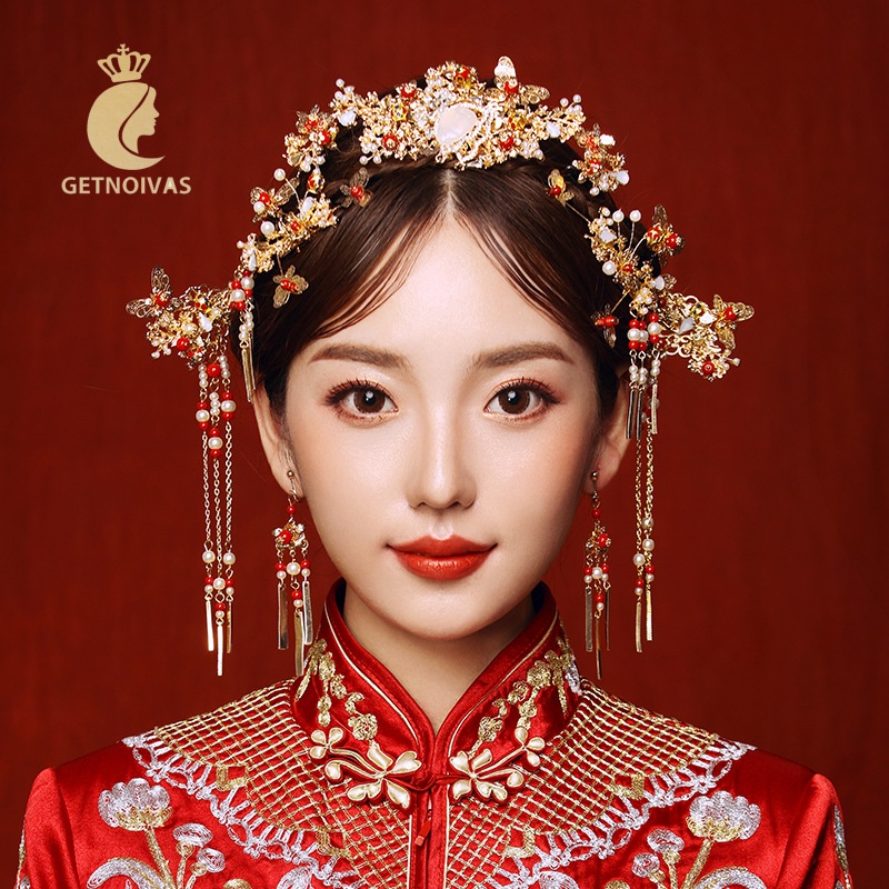 GETNOIVAS Vương Miện Cài Tóc Đính Đá Phong Cách Trung Hoa Cổ Điển Cho Cô Dâu