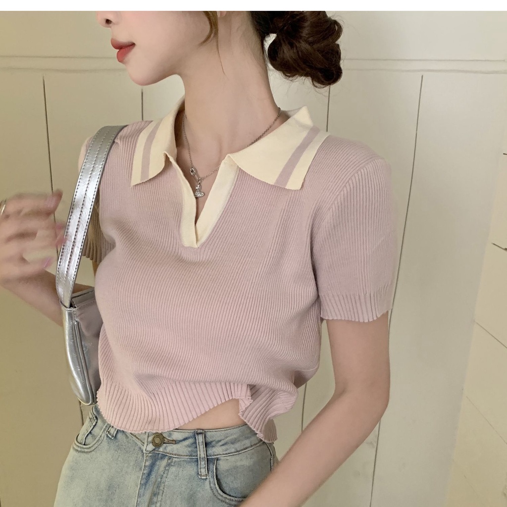 Áo Thun polo Dệt Kim Tay Lửng Màu Sắc Tương Phản Thời Trang Mùa Hè Dành Cho Nữ