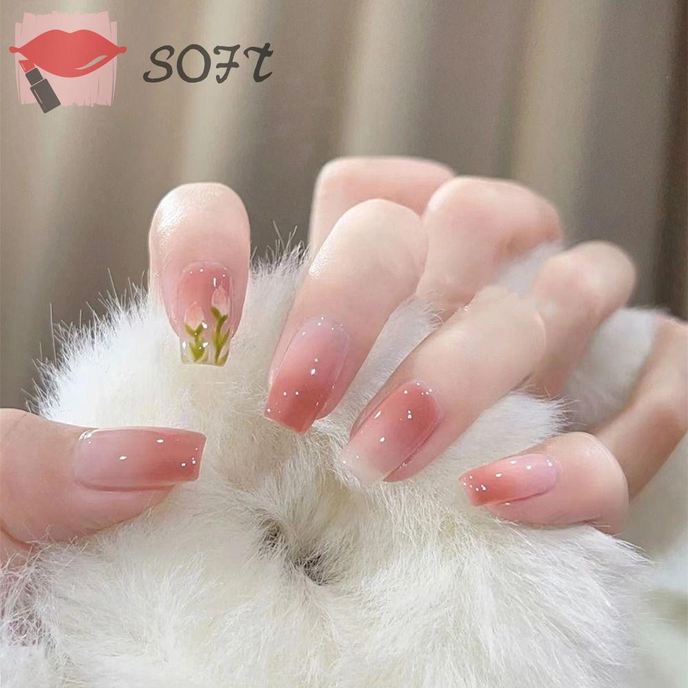 SOFTNESS Móng Tay Giả Bằng Acrylic Màu Hồng Thời Trang Cho Nữ