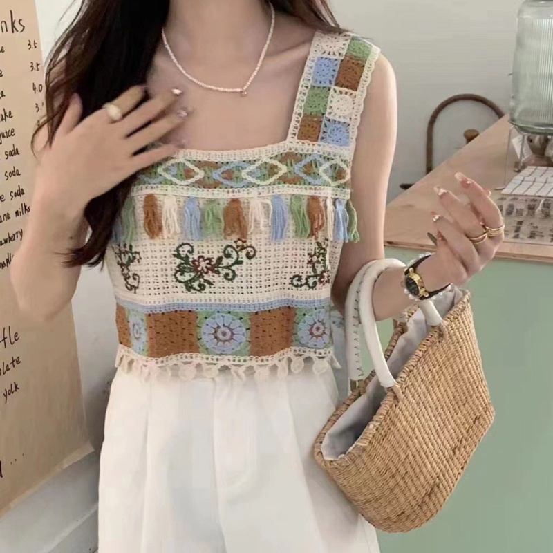 Áo Croptop Dệt Kim Hai Dây Cổ Vuông In Họa Tiết Thổ Cẩm Quyến Rũ Thời Trang Mùa Hè
