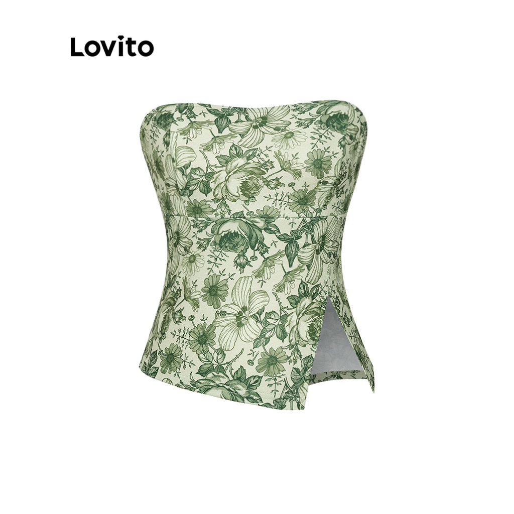 Lovito Áo ba lỗ bất đối xứng xẻ hoa thanh lịch cho nữ L56ED012 (Màu xanh lá)