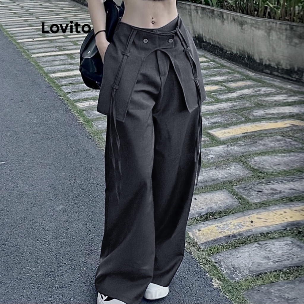 Lovito Quần dài có túi nút thường ngày cho Nữ L55AD081 (Màu xám đen)
