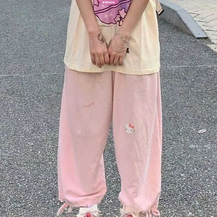 Quần Jogger Dây Rút Thể Thao Ống Rộng In Hình Hello Kitty Màu Hồng Thời Trang Cho Nữ