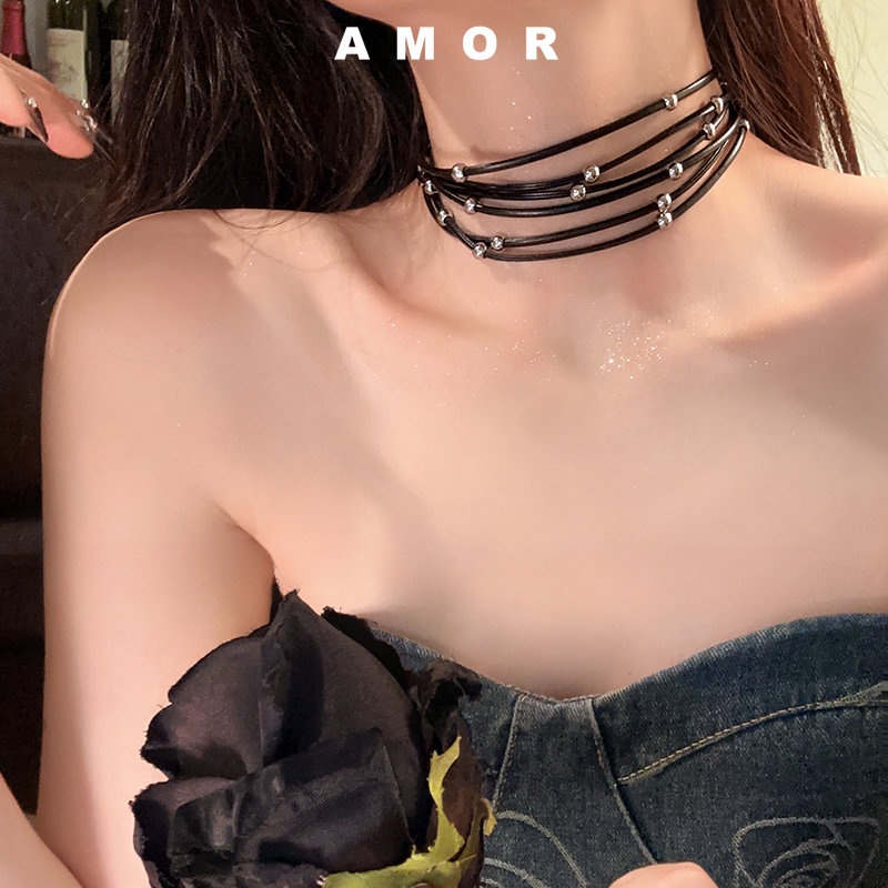 Vòng Cổ Choker Da PU Nhiều Lớp Màu Đen Phong Cách Gothic Ngọt Ngào Y2K