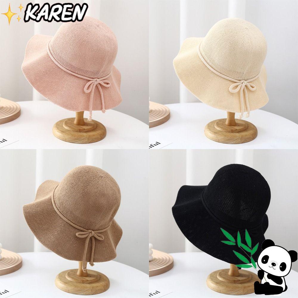 KAREN Mũ Cói Rộng Vành Chống Nắng Đính Nơ Xinh Xắn Cho Nữ