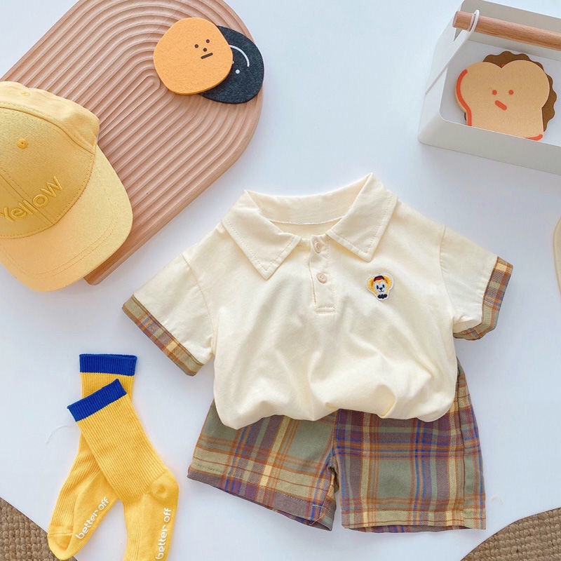 [Hàng Mới Về] Bộ Đồ Hai Mảnh Áo Sơ Mi Dáng Rộng Thêu Họa Tiết Phong Cách Preppy Mùa Hè Đơn Giản Dễ Phối Đồ Cho Bé Trai