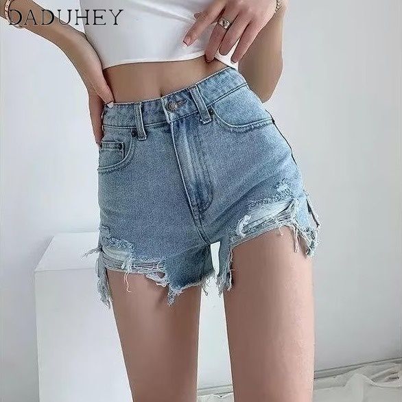 DaDuHey New Korean Version of INS Ripped Hole Slit Denim Shorts Niche High Waist A- line Pants Hot Pants