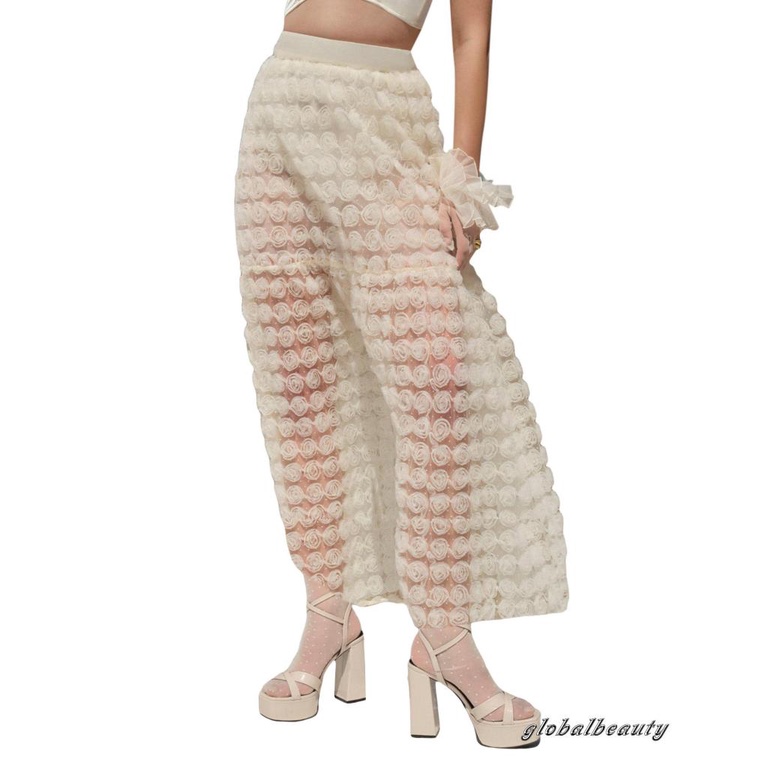 Chân Váy Dài Lưng Cao Xuyên Thấu Họa Tiết Hoa Thanh Lịch Cho Nữ