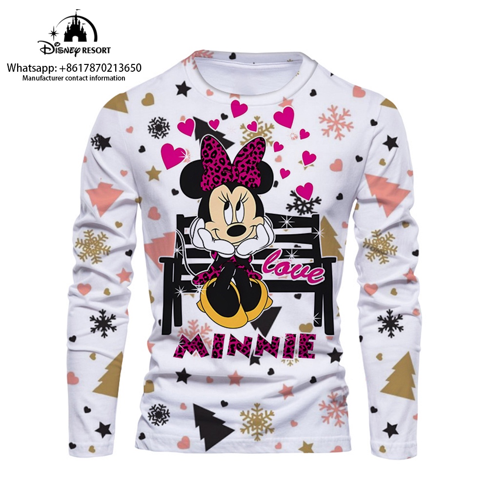 DISNEY Áo Thun Tay Dài Cổ Tròn In Hình Mickey Và Minnie 3D Thời Trang Dành Cho Nam Y2K