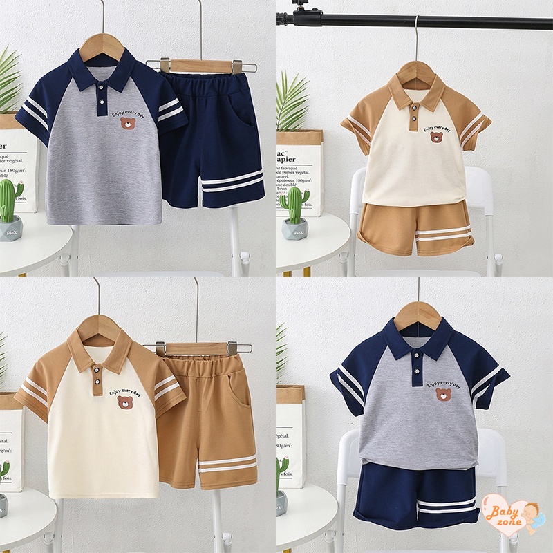 Set Áo Thun Polo Tay Ngắn &amp; Quần Short In Hình Gấu Thời Trang Mùa Hè Mới Cho Bé Trai