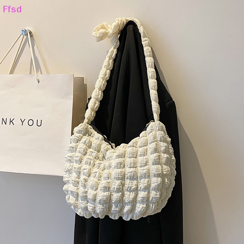 {Ffsd} Túi Xách Tote Xếp Ly Chần Bông Cotton Sức Chứa Lớn Họa Tiết Kẻ Sọc Thời Trang Cho Nữ * Bán Chạy