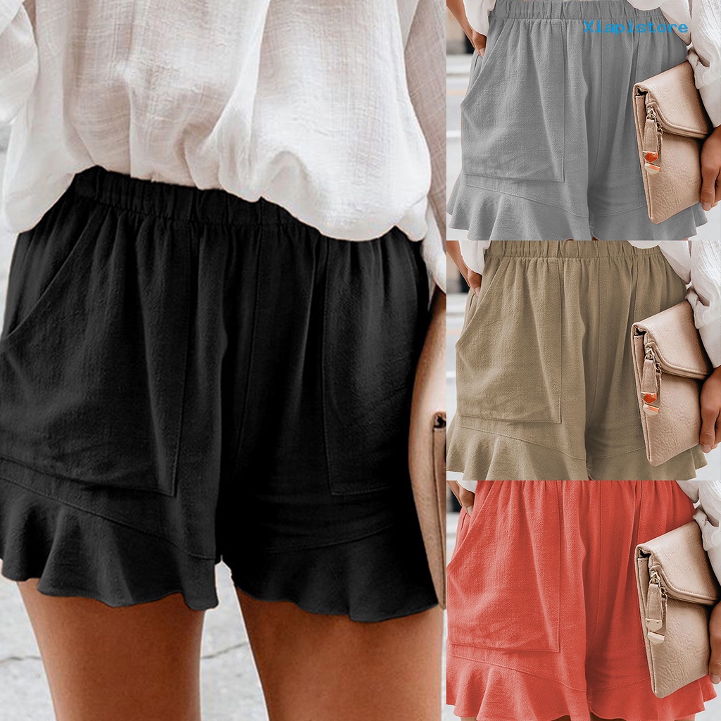 [XI] Quần Short Dáng Rộng Xếp Ly Viền Bèo Nhún Màu Trơn Dễ Phối Đồ Mặc Hàng Ngày Cho Nữ
