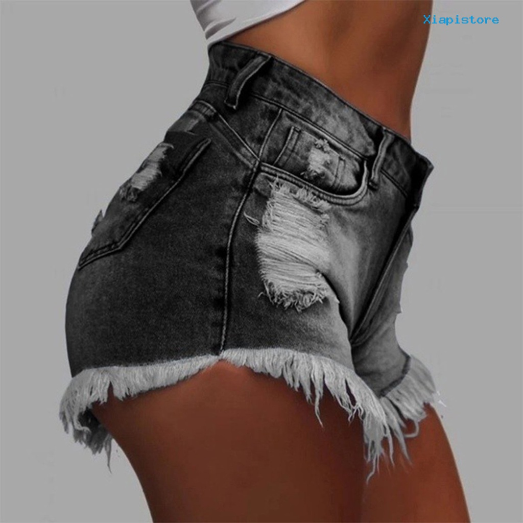 [XI] Quần Short Denim Rách Lưng Cao Có Túi Phối Nút Thời Trang Đường Phố Cho Nữ